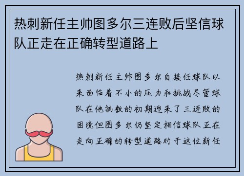热刺新任主帅图多尔三连败后坚信球队正走在正确转型道路上