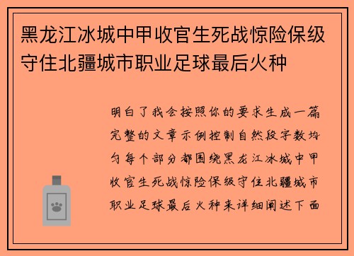 黑龙江冰城中甲收官生死战惊险保级守住北疆城市职业足球最后火种