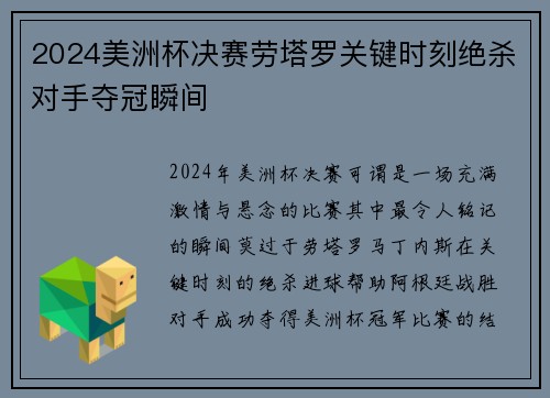 2024美洲杯决赛劳塔罗关键时刻绝杀对手夺冠瞬间