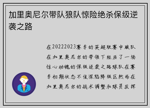 加里奥尼尔带队狼队惊险绝杀保级逆袭之路